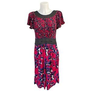 BCBGMAXAZRIA RED‎ FLOWY CASUAL DRESS SCOOP NECK ABSTRACT WATERCOLOR PRINT SZ S